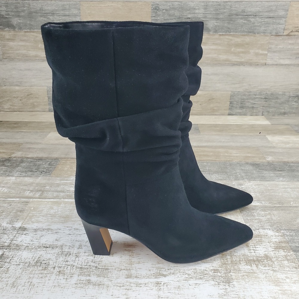 Vince Camuto Skylar Womens Boots Sz 7.5 M Black Suede Slip On Kitten Heel Ankle